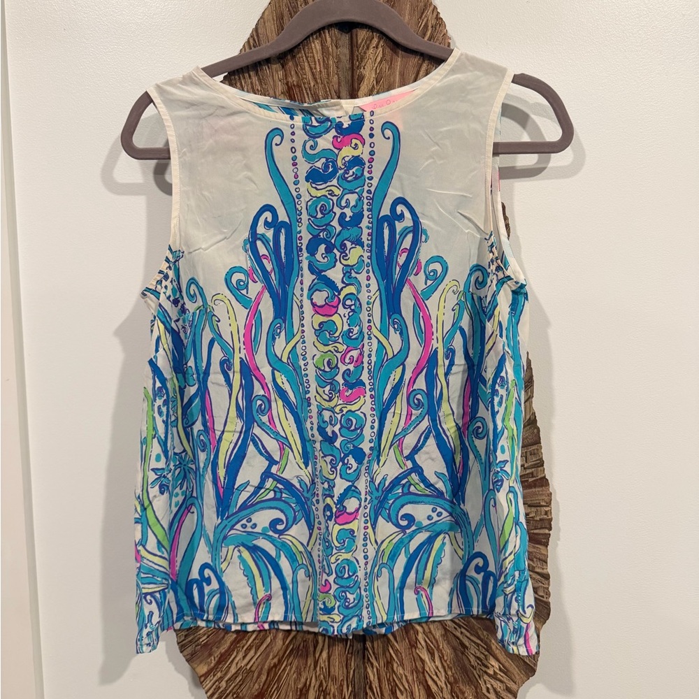 Lilly Pulitzer White Sleeveless Top with Blue, Pink & Colorful Print - Medium